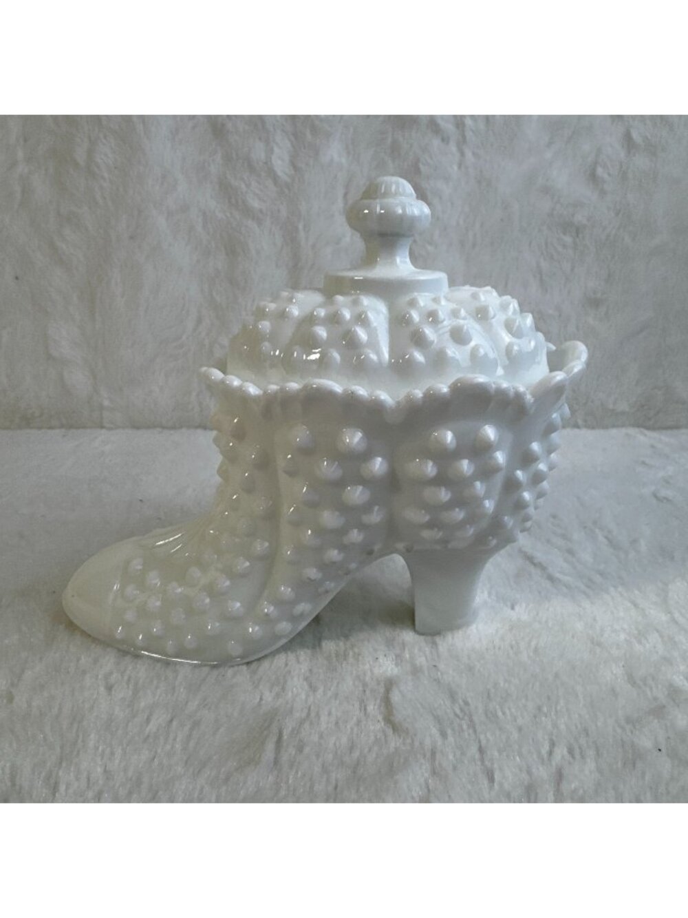 Vintage 60s Fenton White Milk Glass Hobnail Shoe-Shaped Candy Dish W/ Lid #3700